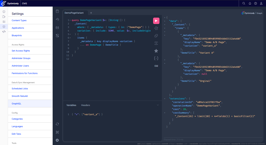 Verifying the variation arms in GraphiQL