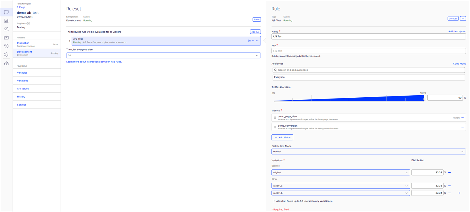 The A/B Test rule with manual distribution