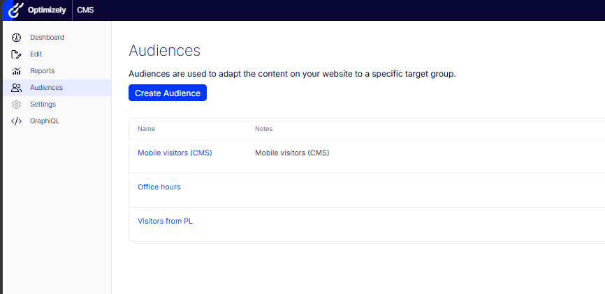 The CMS Audiences admin list